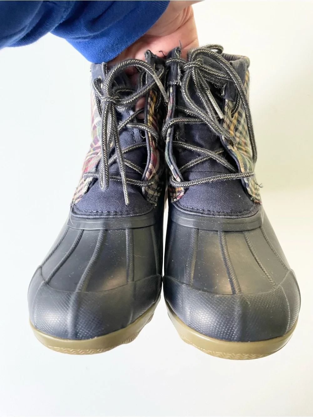 Sperry Port Boot Duck Boot Navy Blue Plaid size 1 Waterproof Lace Up